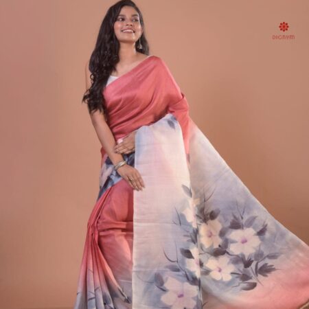 Buy Online Sunkist Pink Pure Silk Hand Painted Saree
