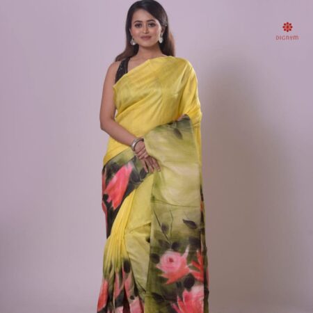 Buy Online Pineapple Yellow Pure Silk Hand Painted Saree