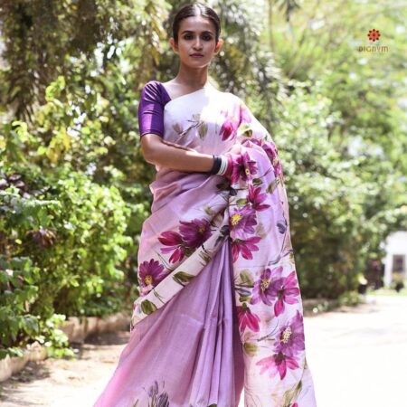 Buy Online Lavender Purple Pure Silk Hand Painted Saree