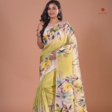 Buy Online Mellow Yellow Pure Silk Hand Painted Saree