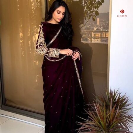 Buy Online Plum Purple Velvet Saree with Heavy Embroidered Blouse