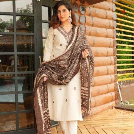 Buy Online Off –White Embroidered Khadi Cotton Suit Set