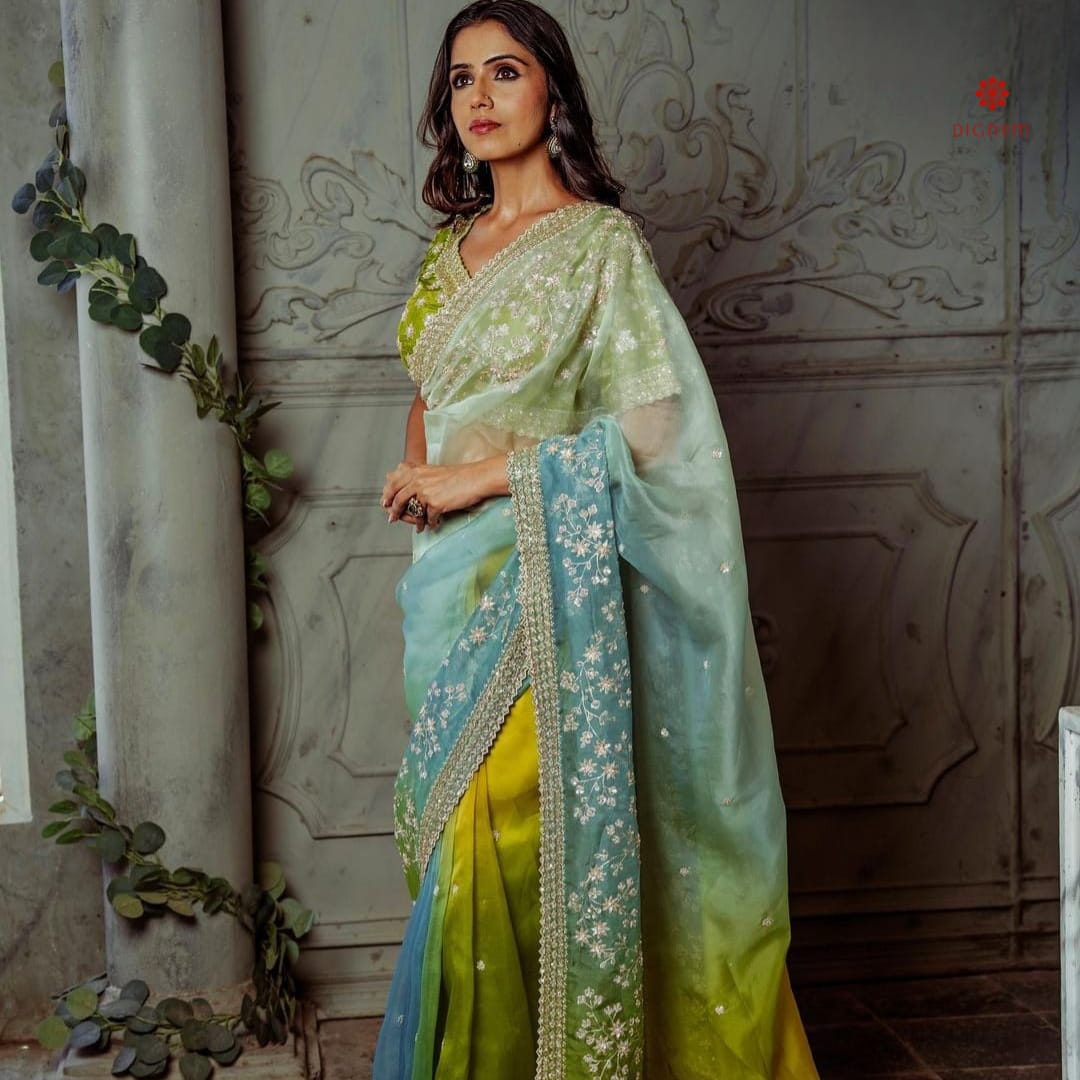 Buy Online Ombre Blue Green Organza Silk Embroidered Saree