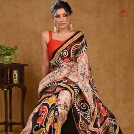 Buy Online Malibu Peach Hand Painted Batik Pure Silk Saree