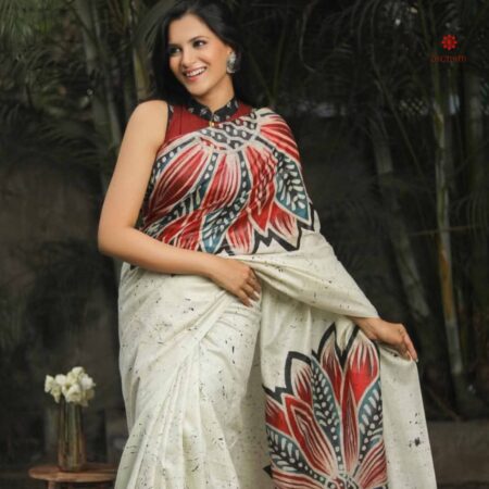 Buy Online Pearl White Hand Painted Batik Pure Silk Saree