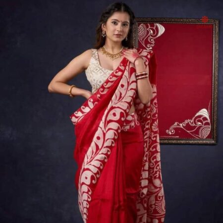 Buy Online Dark Red Hand Painted Batik Pure Silk Saree