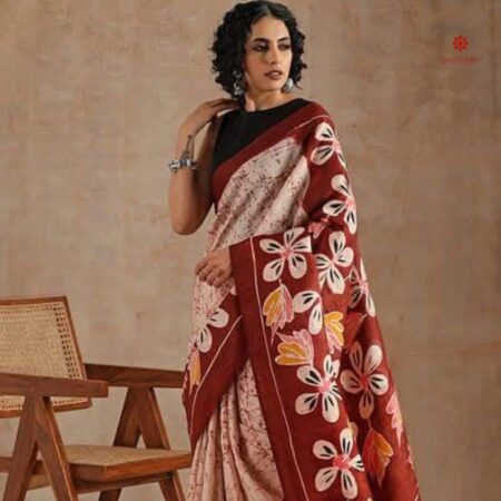 Buy Online Brown and White Hand Painted Batik Pure Silk Saree