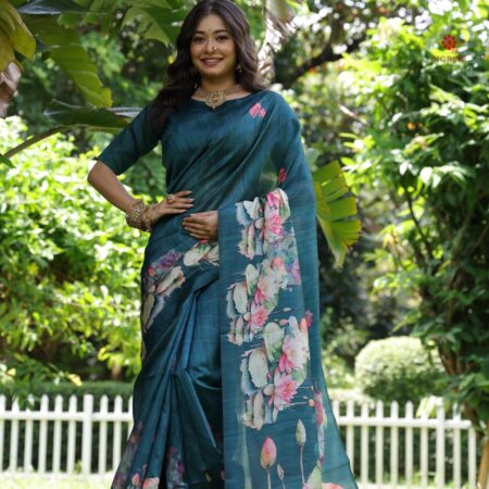 Buy Online Teal Blue Soft Tussar Silk Floral Print Saree