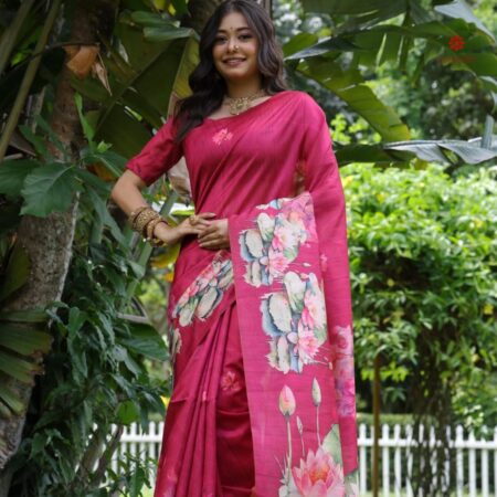 Buy Online Magenta Pink Soft Tussar Silk Floral Print Saree