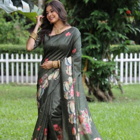 Buy Online Moss Green Soft Tussar Silk Floral Print Saree