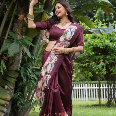 Buy Online Sangria Purple Soft Tussar Silk Floral Print Saree