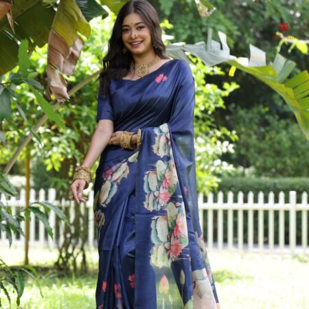 Buy Online Navy Blue Soft Tussar Silk Floral Print Saree