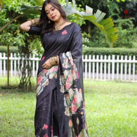 Buy Online Raven Black Soft Tussar Silk Floral Print Saree