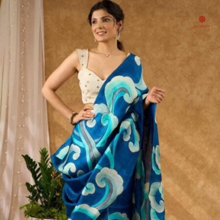 Buy Online Cobalt Blue Pure Silk Hand Painted Saree