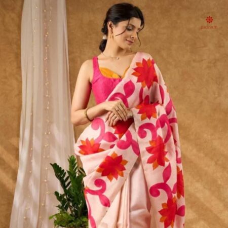 Buy Online Pearl White Pure Silk Hand Painted Saree