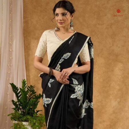 Buy Online Midnight Black Pure Silk Hand Painted Saree