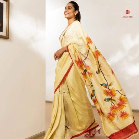 Buy Online Royal Yellow Pure Silk Hand Painted Saree