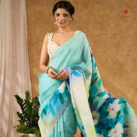 Buy Online Light Blue Pure Silk Hand Painted Saree