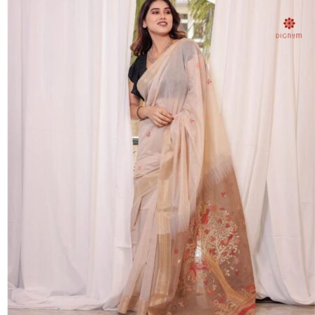 Buy Online Pastel Brown Handwoven Moonga Silk Cotton Saree