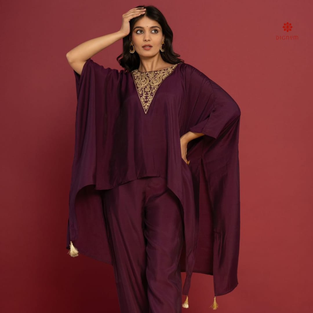 Buy Online Wine Muslin Embroidered Short Kaftan and Pant Set