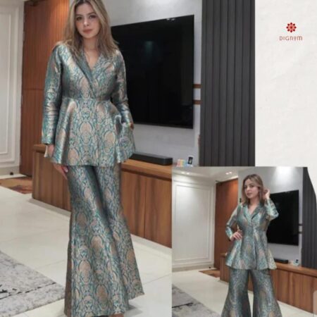 Buy Online Steel Grey Banarasi Silk Brocade Blazer Set