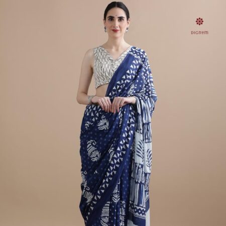 Buy Online Dark Blue Pure Mulmul Cotton Printed Saree