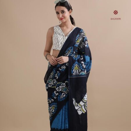 Buy Online Sapphire Blue Pure Mulmul Cotton Printed Saree