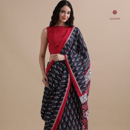 Buy Online Black Red Pure Mulmul Cotton Printed Saree