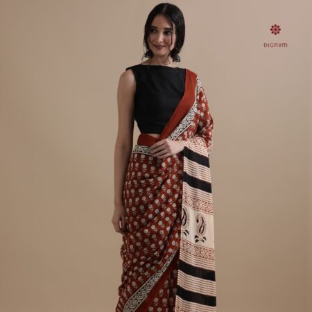 Buy Online Reddish Brown Pure Mulmul Cotton Printed Saree