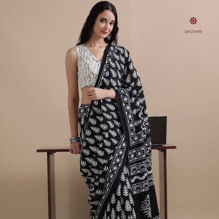 Buy Online Black White Pure Mulmul Cotton Printed Saree