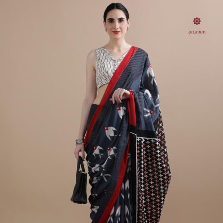 Buy Online Grey Red Pure Mulmul Cotton Printed Saree