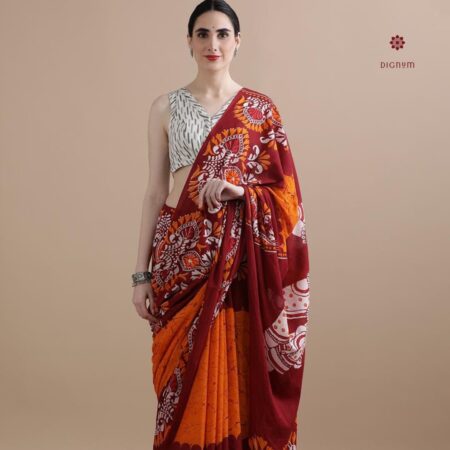 Buy Online Orange Maroon Pure Mulmul Cotton Printed Saree