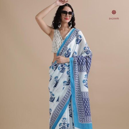 Buy Online White Blue Pure Mulmul Cotton Printed Saree