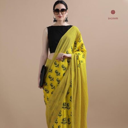 Buy Online Yellow Black Pure Mulmul Cotton Printed Saree