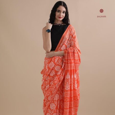 Buy Online Dark Orange Pure Mulmul Cotton Printed Saree