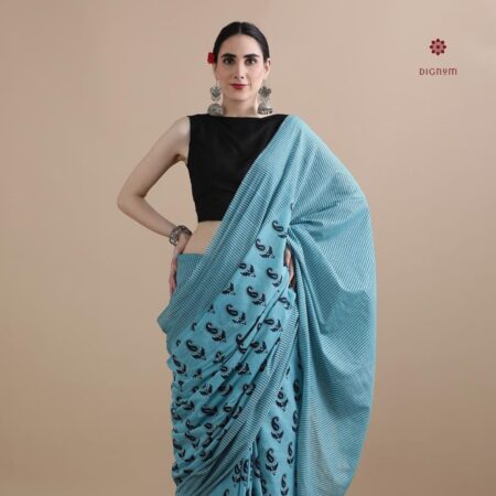 Buy Online Baby Blue Pure Mulmul Cotton Printed Saree