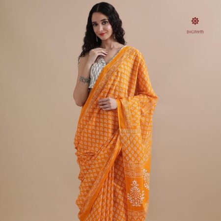 Buy Online Carrot Orange Pure Mulmul Cotton Printed Saree