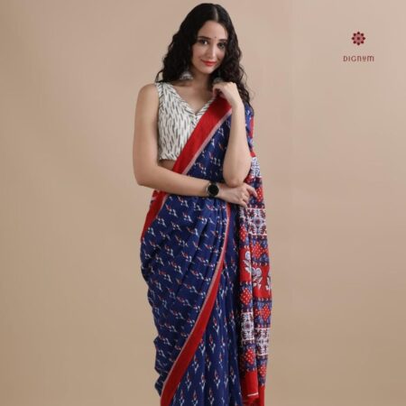 Buy Online Blue Red Pure Mulmul Cotton Printed Saree
