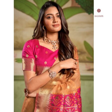 Buy Online Melon Orange Woven Cotton Silk Saree