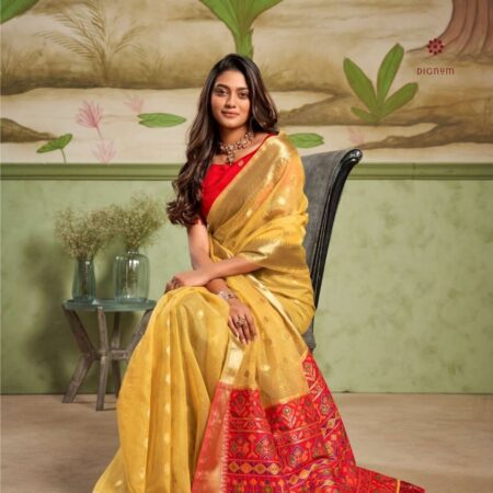 Buy Online Saffron Yellow Woven Cotton Silk Saree