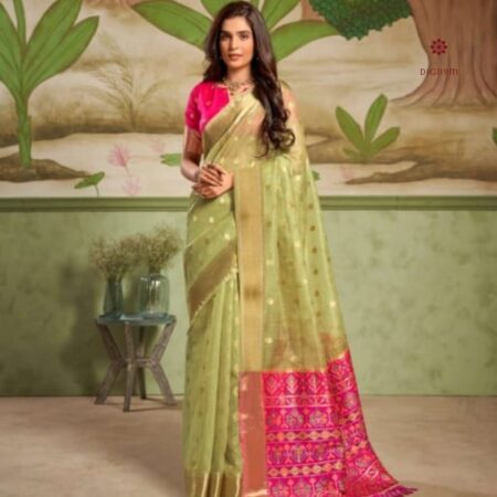 Buy Online Pear Green Woven Cotton Silk Saree