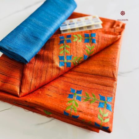 Buy Online Orange Tussar Ghicha Silk Embroidery Saree
