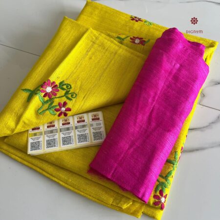 Buy Online Bumblebee Yellow Tussar Ghicha Silk Embroidery Saree
