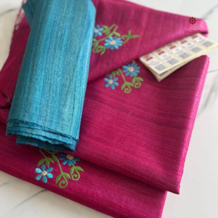 Buy Online Raspberry Pink Tussar Ghicha Silk Embroidery Saree