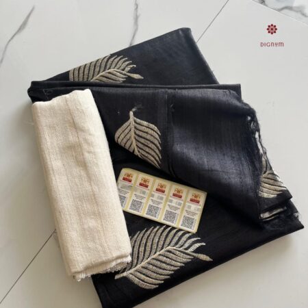 Buy Online Black Tussar Ghicha Silk Embroidery Saree