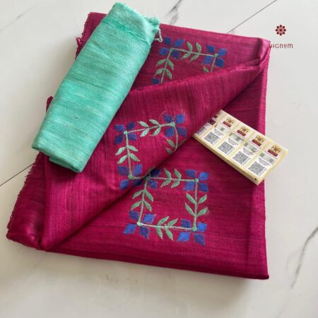 Buy Online Magenta Pink Tussar Ghicha Silk Embroidery Saree