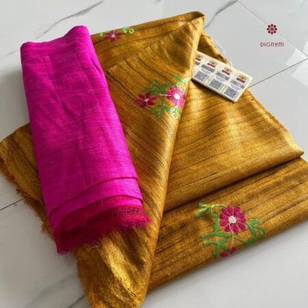 Buy Online Mustard Yellow Tussar Ghicha Silk Embroidery Saree