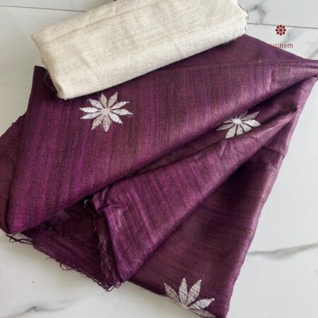 Buy Online Plum Purple Tussar Ghicha Silk Embroidery Saree