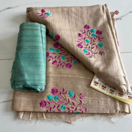 Buy Online Alabaster Cream Tussar Ghicha Silk Embroidery Saree