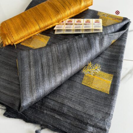 Buy Online Porpoise Grey Tussar Ghicha Silk Embroidery Saree